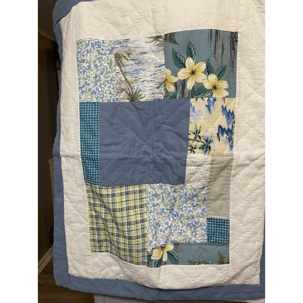 Vintage Handmade Quilted Pillow Shams Zipper Back Tropical Beachy Blue 30 X 24